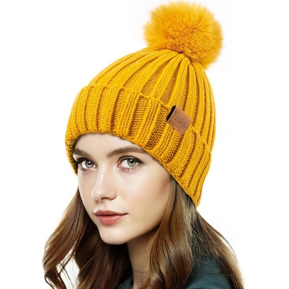Women\'s Beanie Fleece Lined Yellow Winter Warm Skull Faux Fur Pom Cuff Hat Cap main image 5